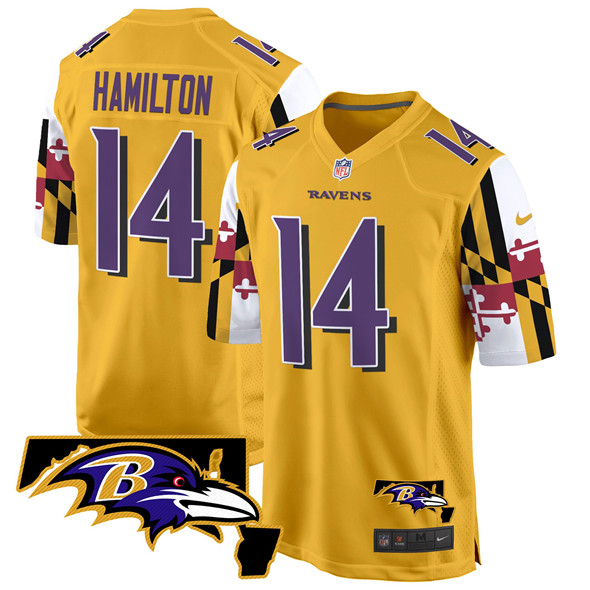 Men's Baltimore Ravens #14 Kyle Hamilton Gold 2025 Maryland Flag Vapor Limited Football Game Jersey